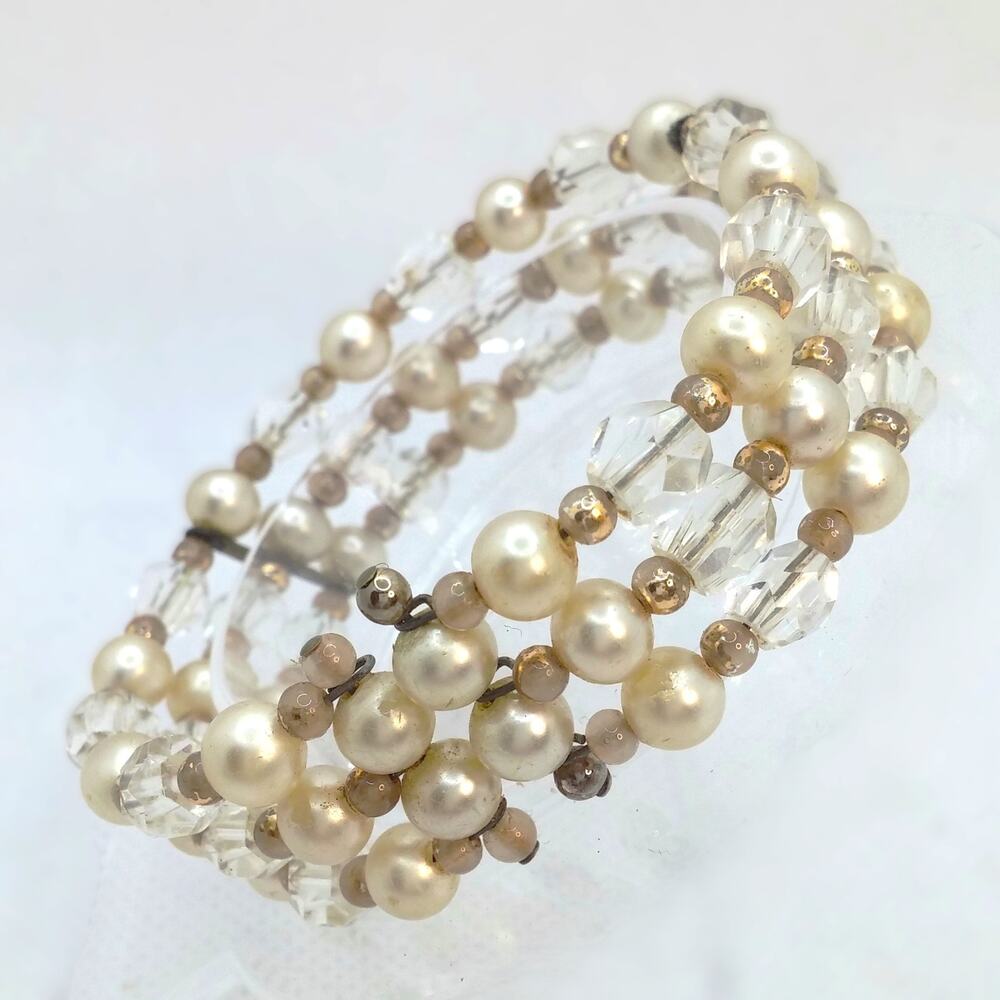 Vintage Faux Pearl Cuff Bracelet Three Strands Flex Fit Crystal Beaded Classic - Picture 8 of 10